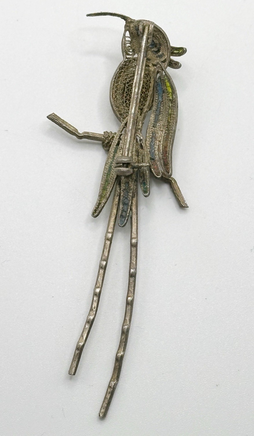 Enameled 800 Silver Filigree Bird Parrot Pin Brooch