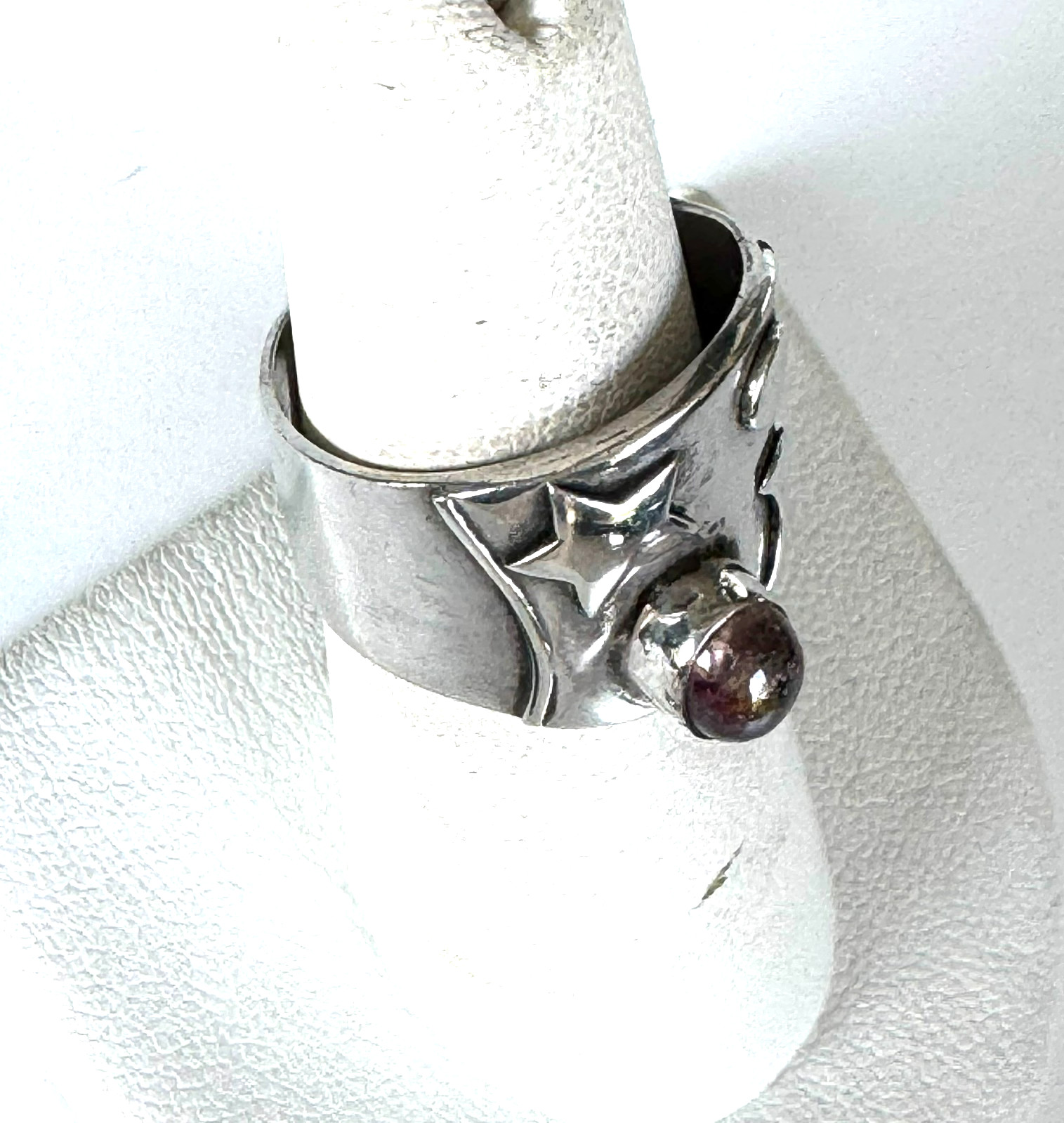 Vintage 925 Sterling Silver Wide Band Ring Pink Cabochon Star Sz 5.5