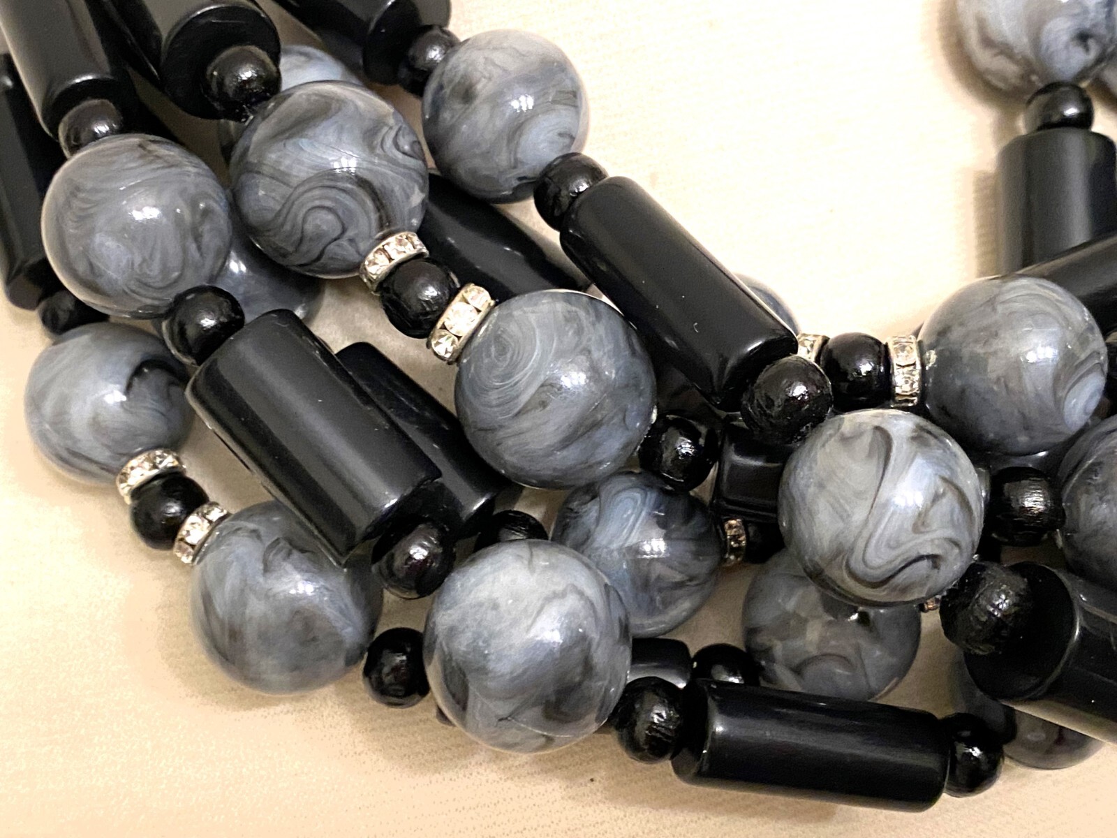 Gorgeous Marbleized Gray Resin & Acrylic Black Tubular Beads Six Strand Necklace