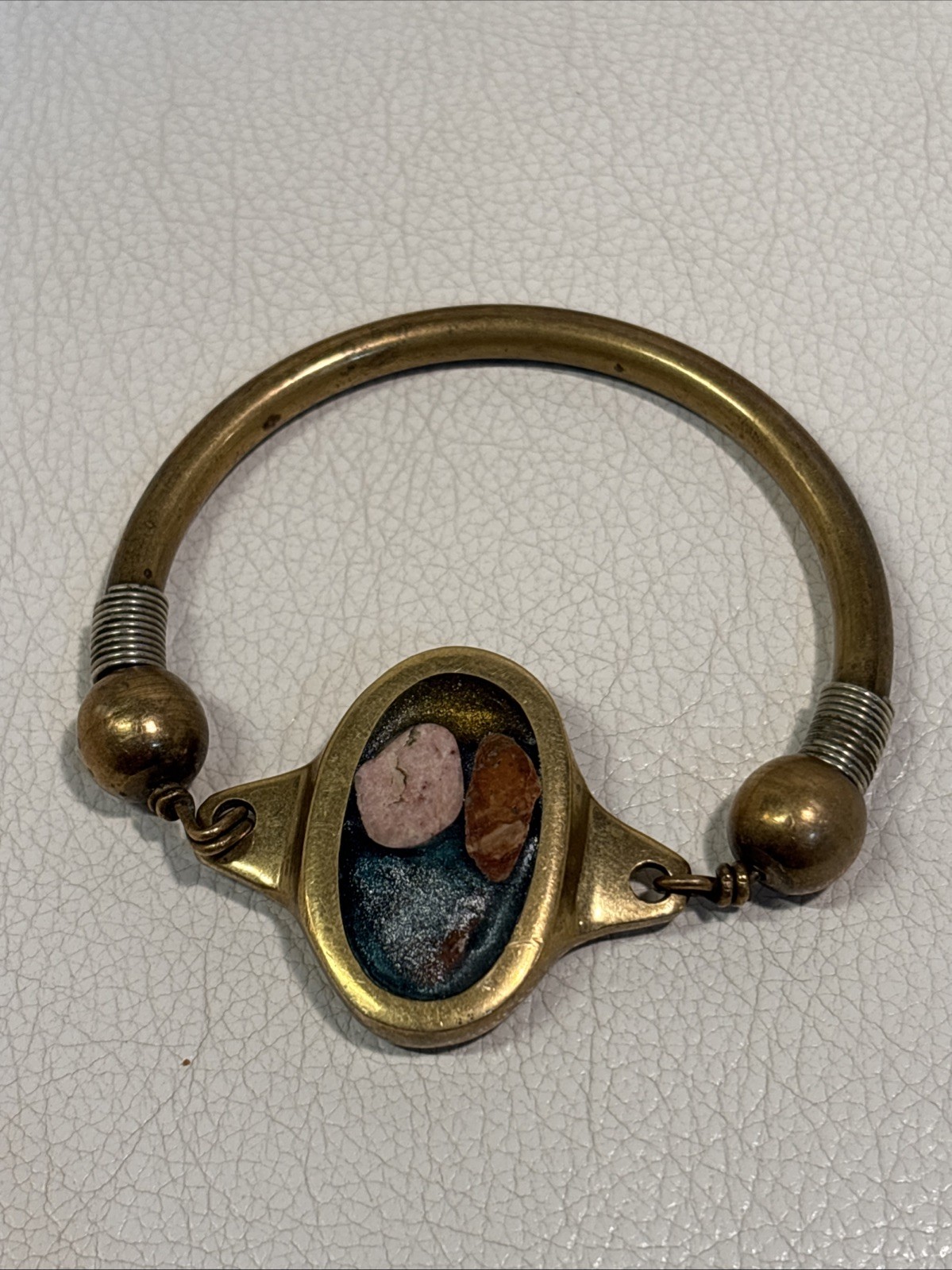 Vintage Artisan Brass Enamel Stone Cuff Bracelet Southwestern Boho Handmade