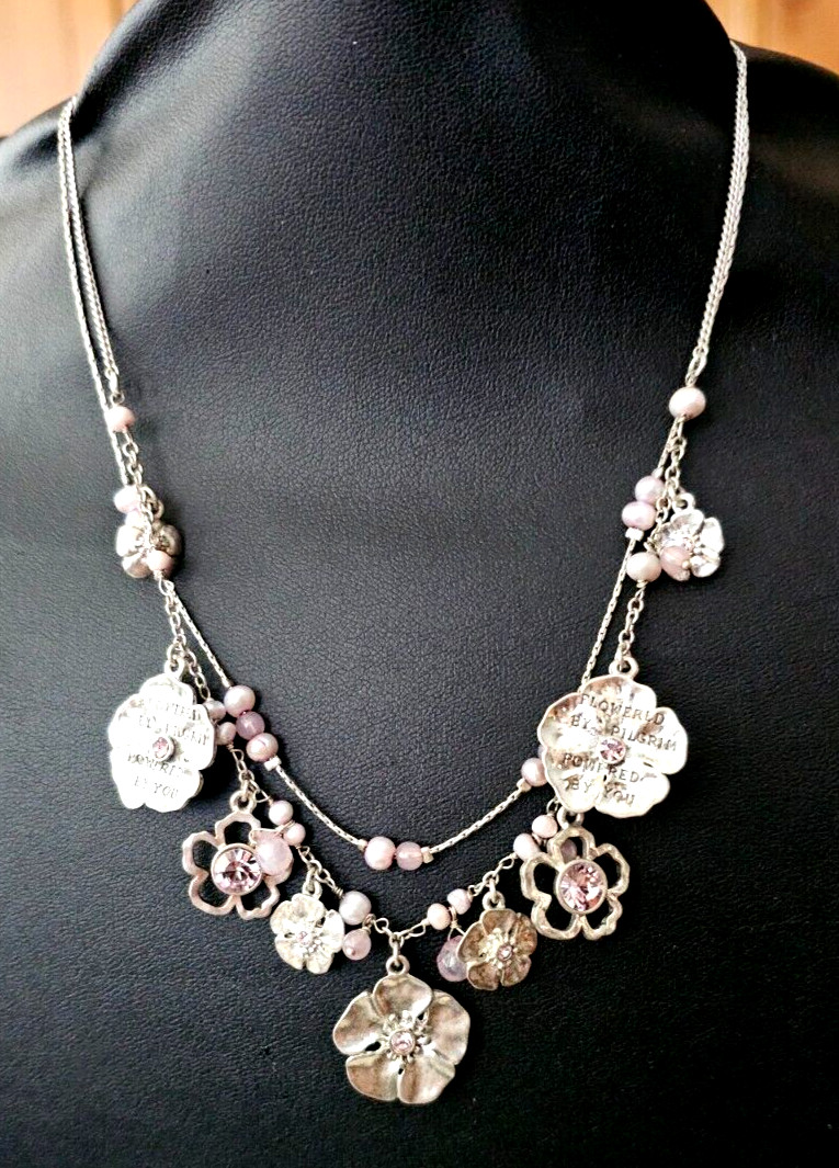 Vintage Pilgrim Danish Design Flower Necklace Pink, Rhinestones 18″