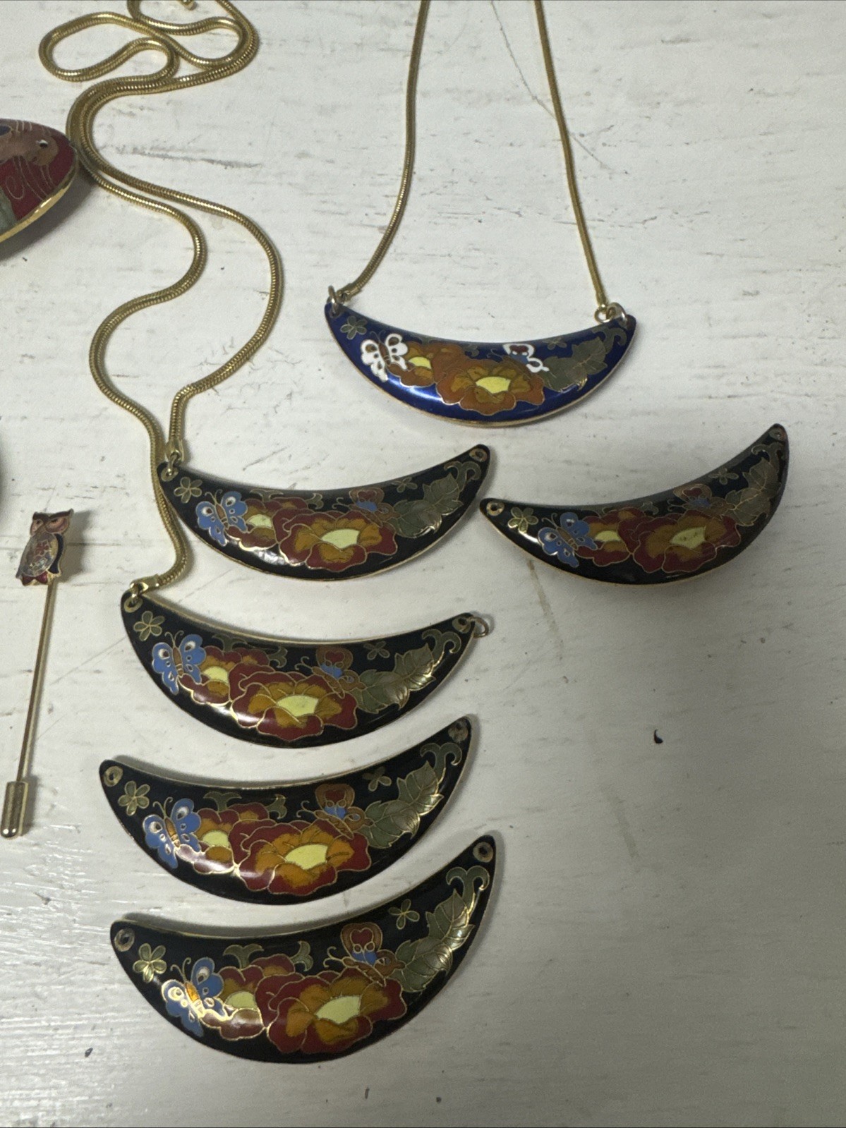 Lot Vintage Cloisonne Round Pendant Gold Cord Necklace Bib Pennant Hair Pin +