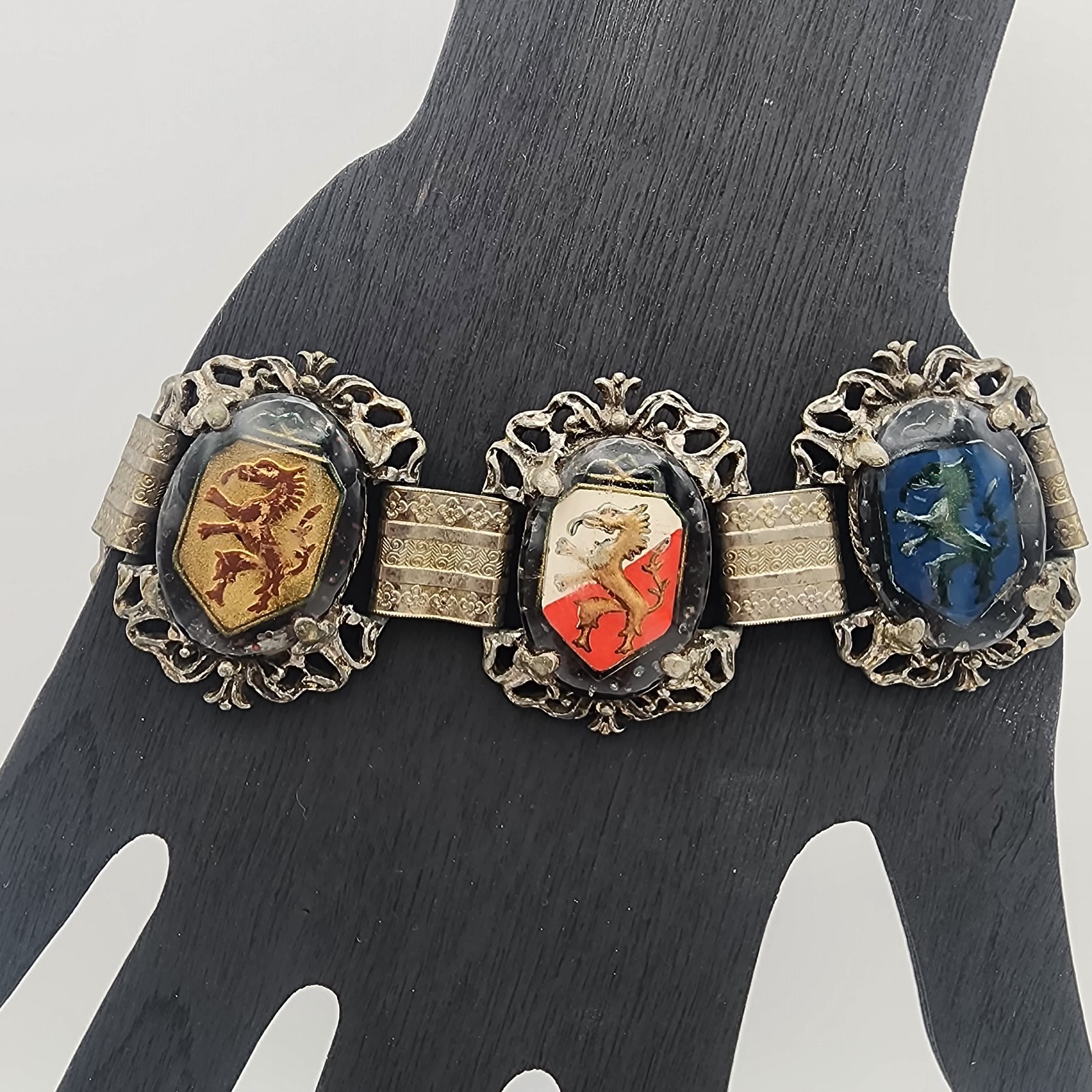 VTG Heraldic Medallion Panel Link Bracelet 7.5in Silver Tone Griffin Crest Goth