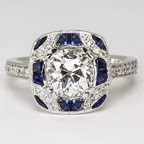 Art Deco Style Lab Created Diamond & Sapphire Engagement 14K White Gold FN Ring