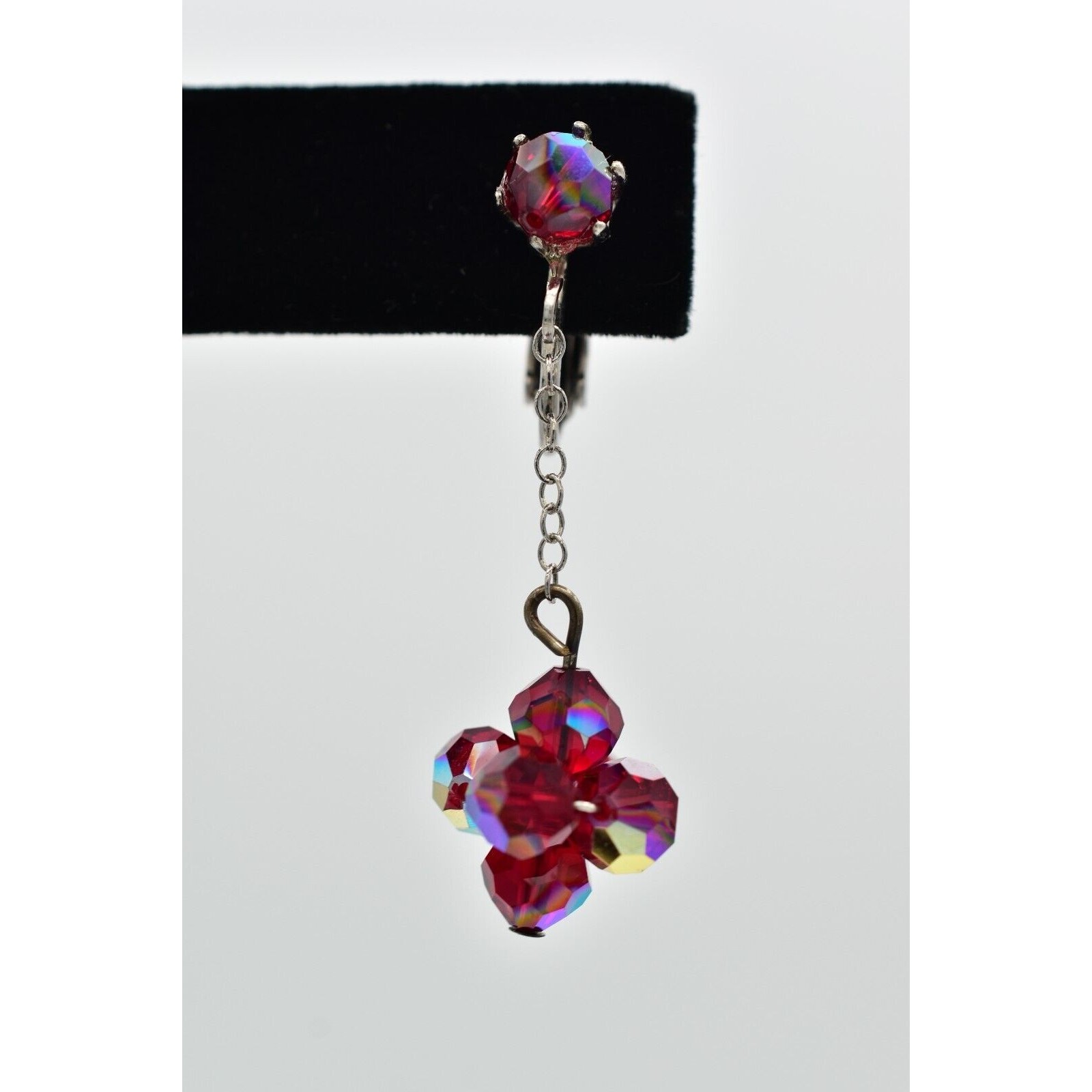 Vintage Red AB Crystal Clip On Earrings Dangle Drop Aurora Borealis 1950s A24