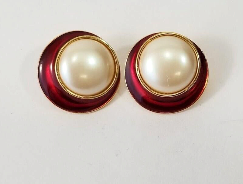 Signed YSL Yves Saint Laurent Gold Tone Faux Pearl Red Enamel Pierced Earrings