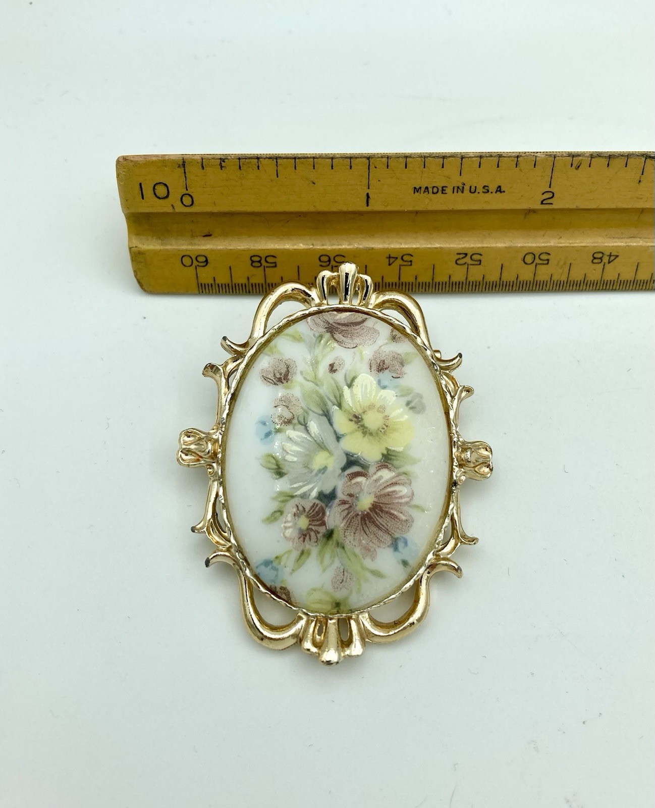 Vintage Lithograph Floral Portrait Brooch – Pastel On Porcelain Victorian Style