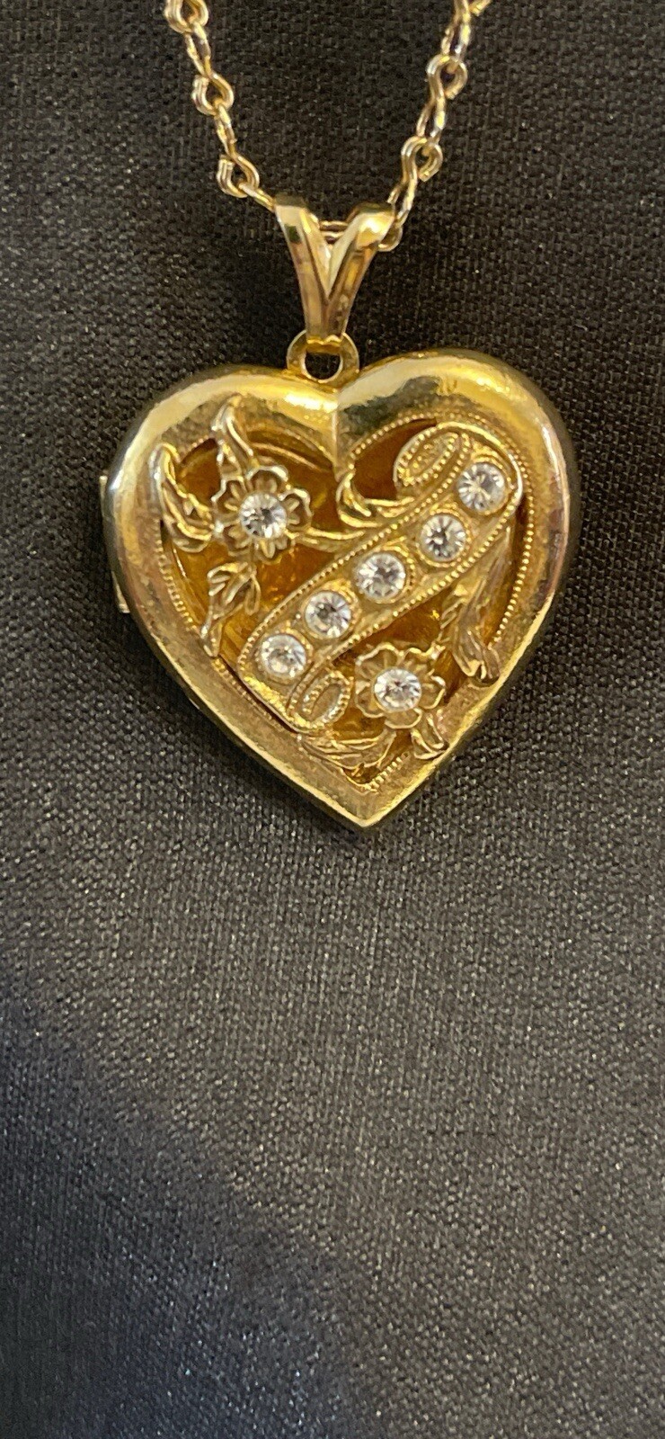 Signed1928-14k Gold Dipped Necklace W Heart Shaped Gold N Clear Crystals Locket