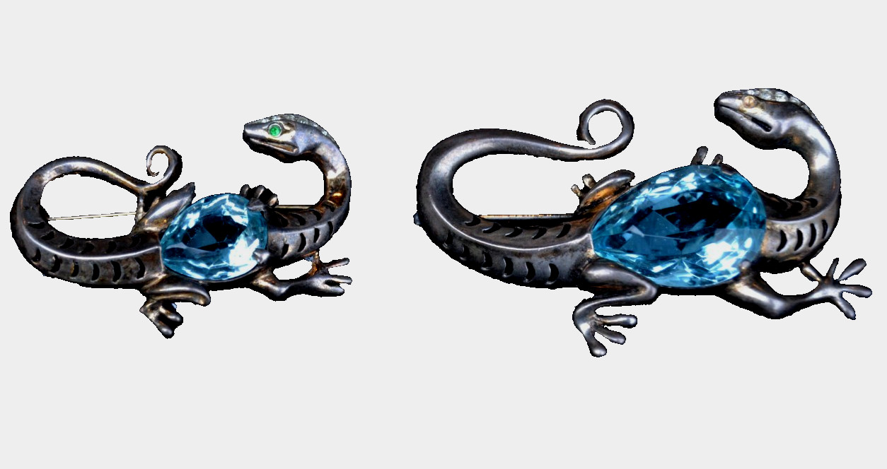 REJA Sterling SALAMANDER LIZARD Brooch Earrings AQUA GLASS BELLY Vtg Set Signed