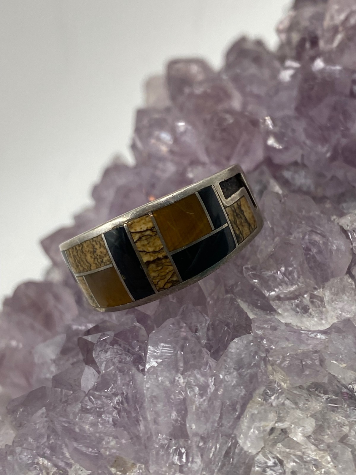 Vintage Sterling Silver Inlay Band Ring Size 10