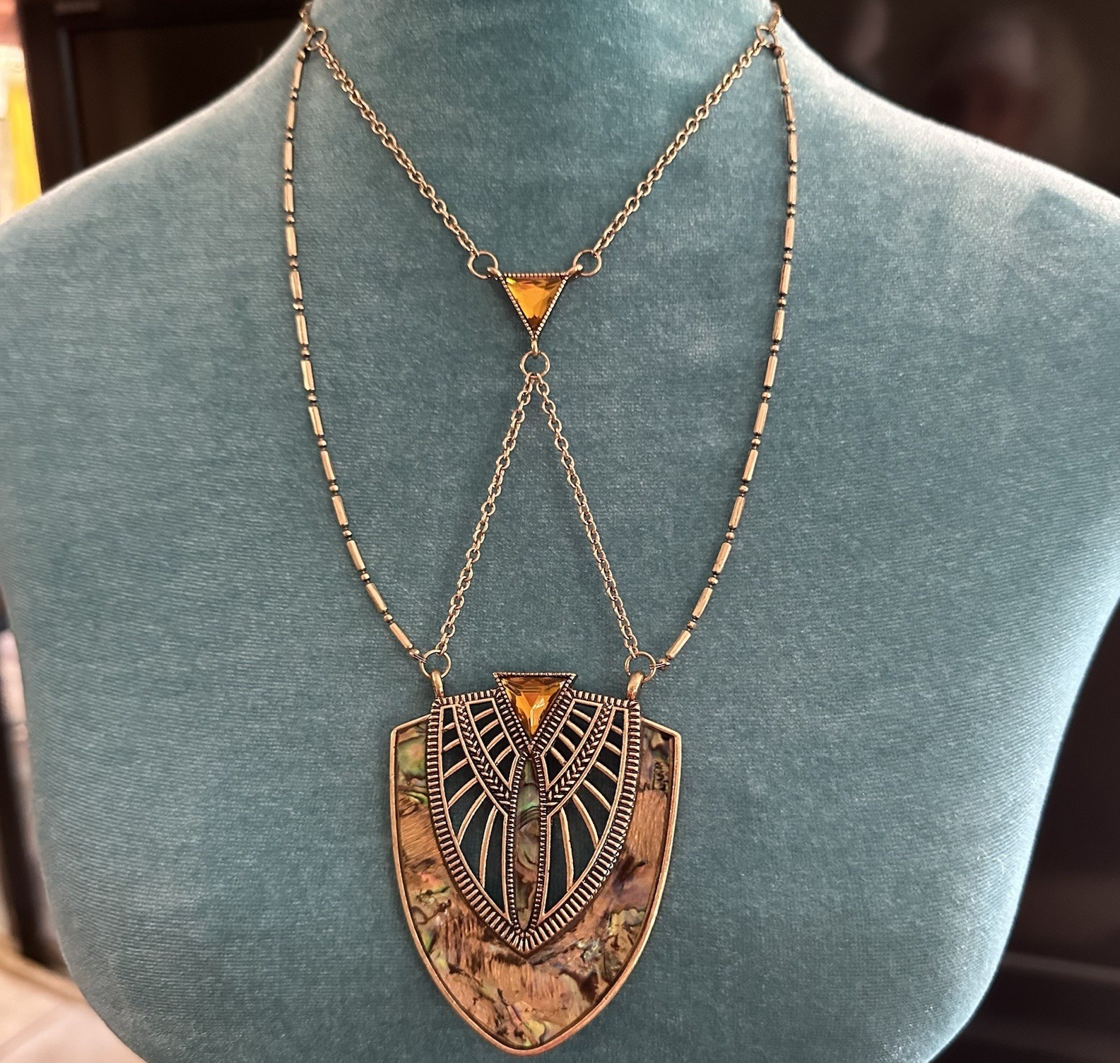 Art Nouveau Necklace Gold tone, Discontinued Art Deco revival Egyptian Scarab