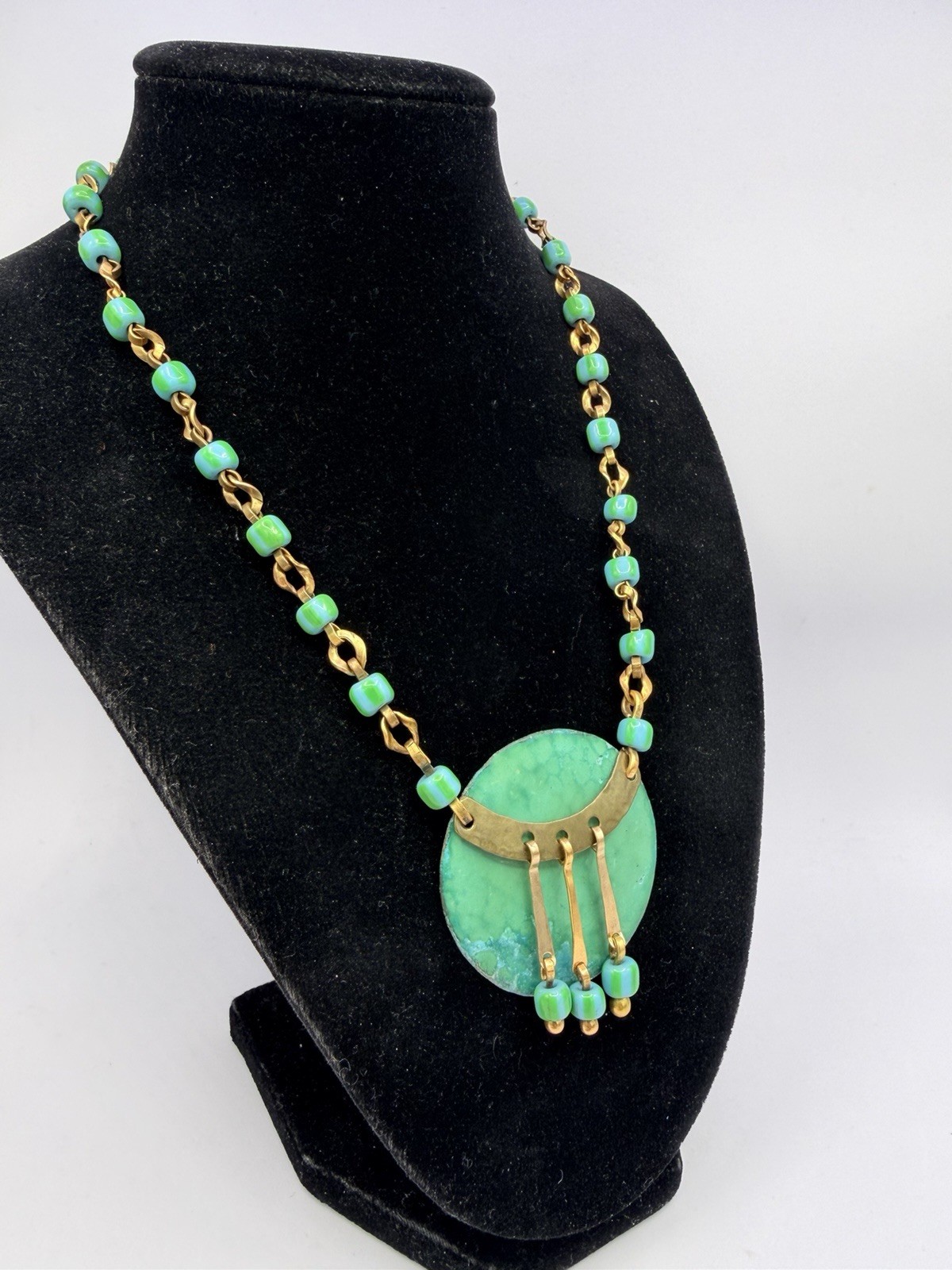 Vintage Oxidized Green OOAK Handmade Chain Statement Collar Necklace 15” DbG Z