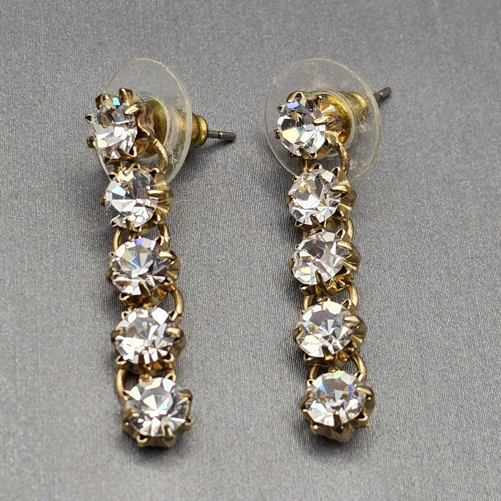 Gold-Tone Statement Necklace & Drop Earrings Set w/ Prong Set Clear Rhinestones