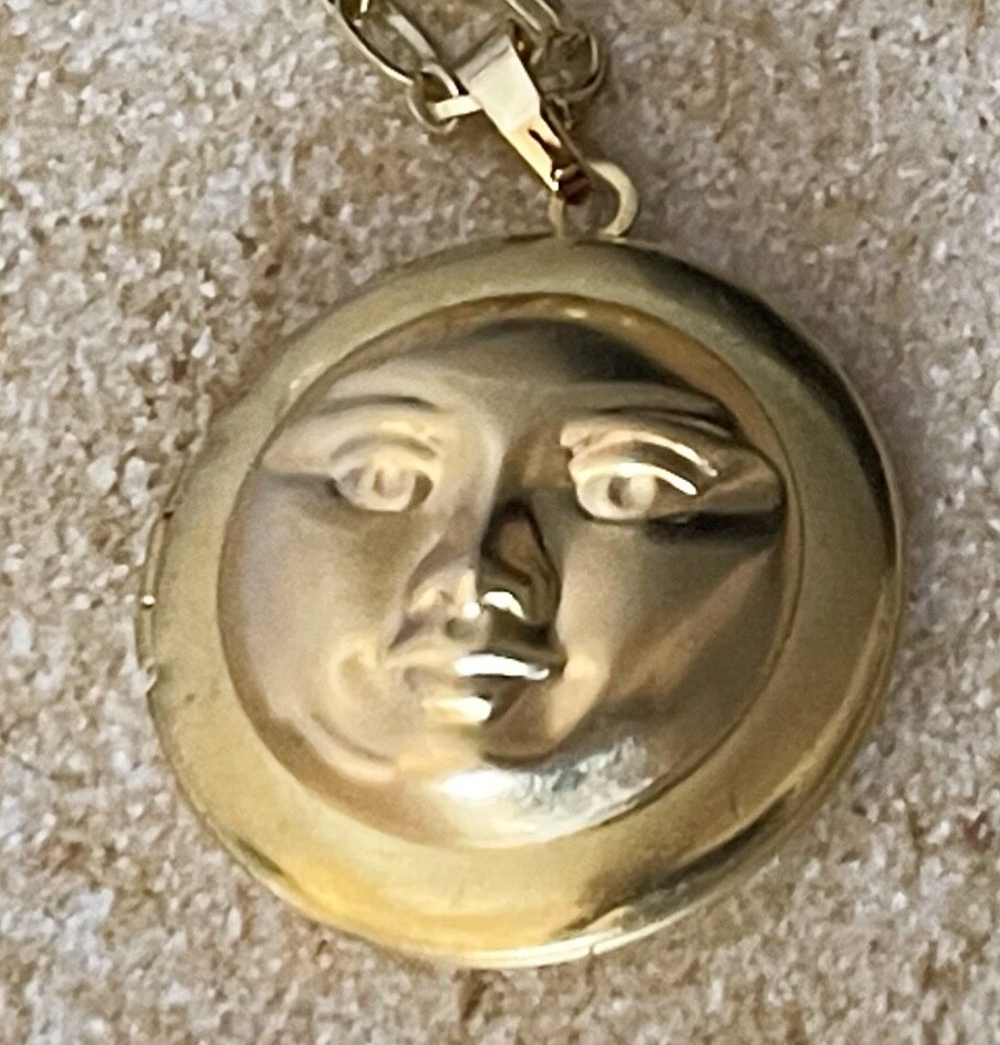 Man in the Moon Locket Necklace Large Brass Pendant Celestial Lunar Centerpiece