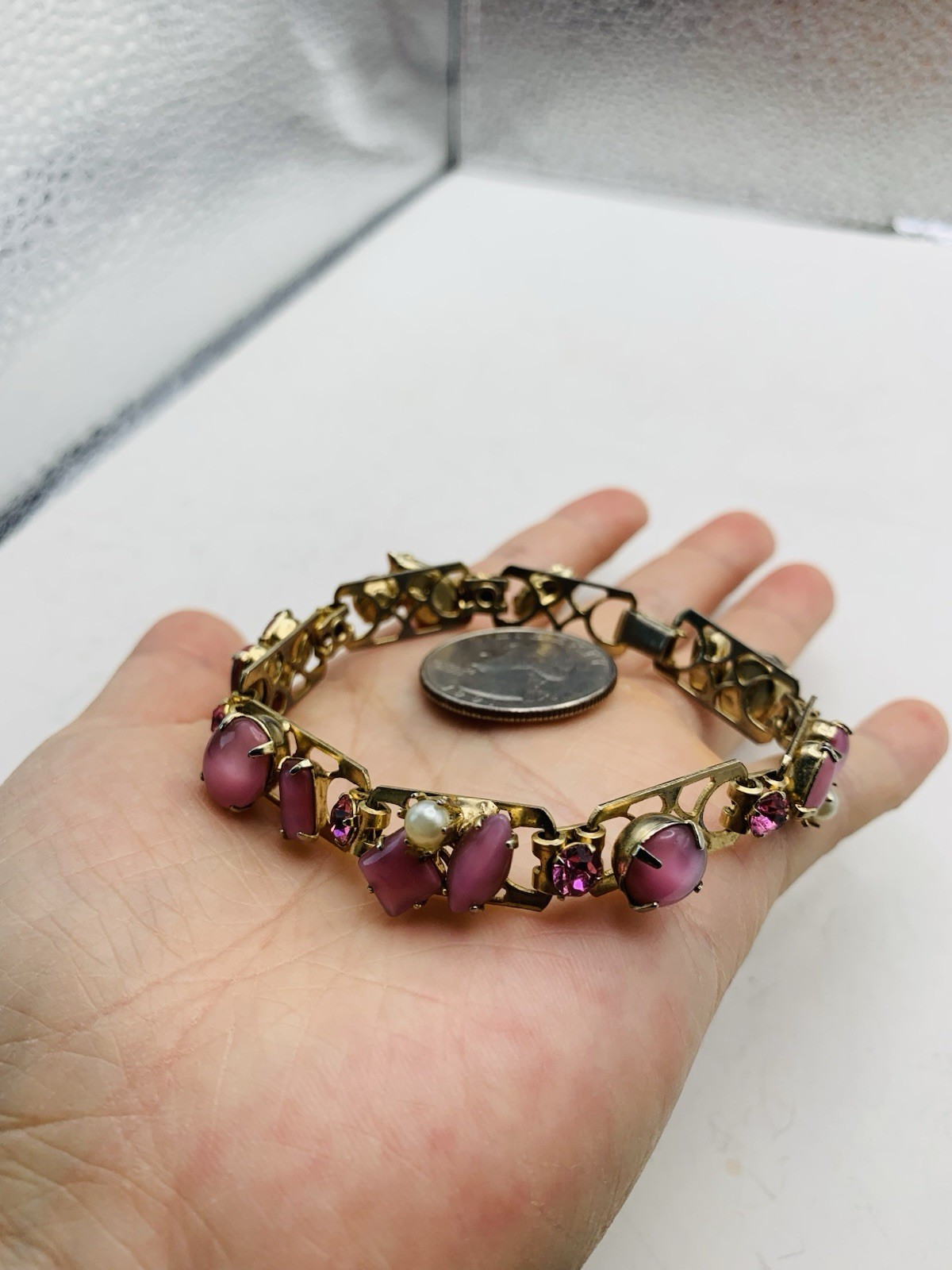 Vintage Pink Feminine Rhinestone Crystal Fancy Faux Pearl Gold Tone 7” Bracelet