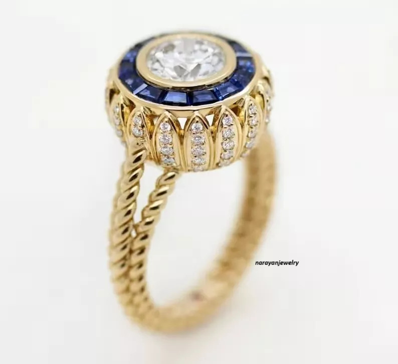 Art Deco Style Round Lab Created Diamond With Sapphire Halo 14K Gold Ring