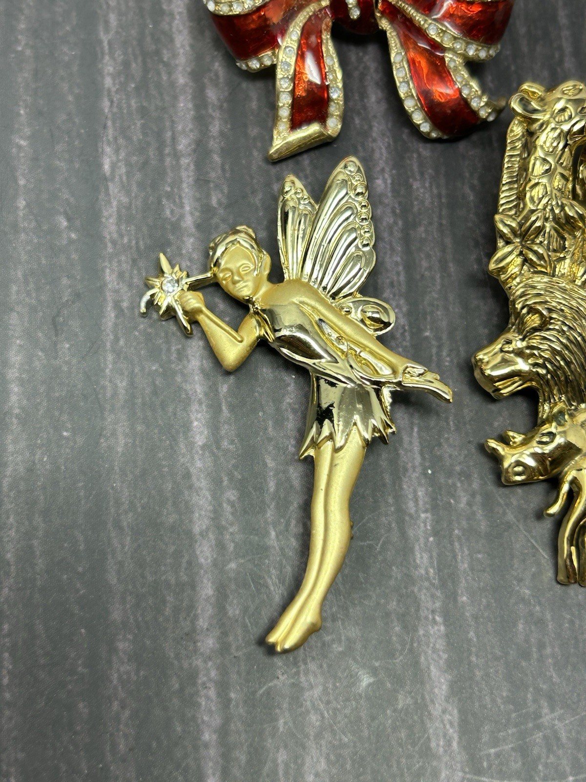 Vintage Gold Tone Brooch Lot Fairy Animals Red Bow Rhinestone Pins Costume