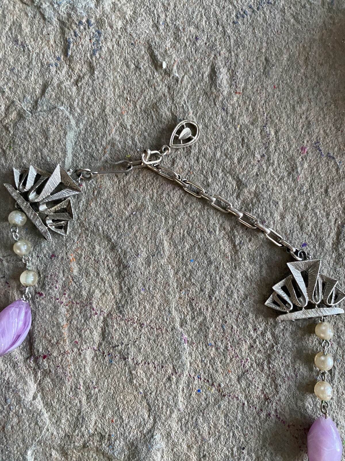 Vintage Necklace Beaded Lavender Lilac Pearl Faceted Silver Tone