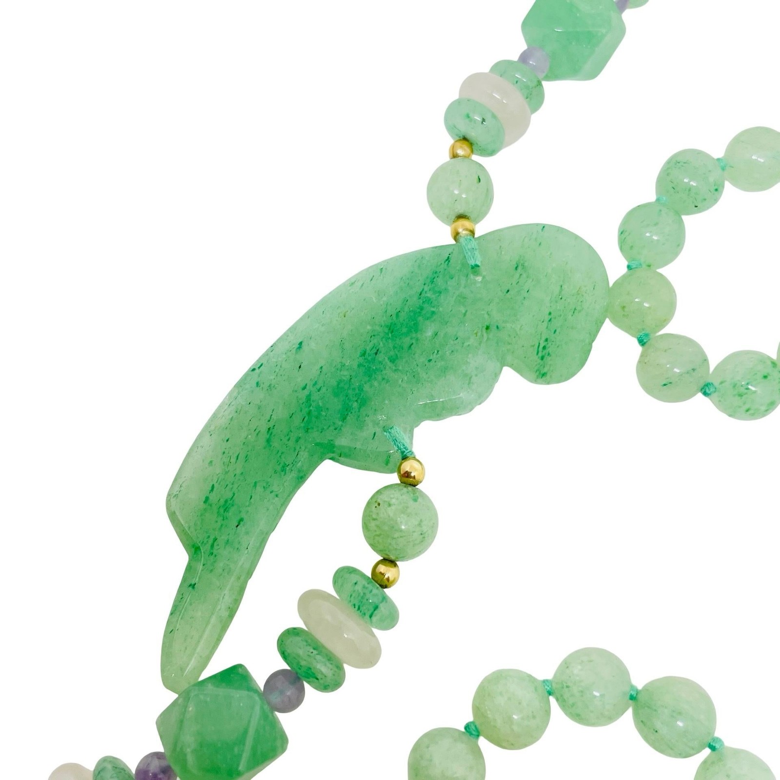 Vintage green jade pink quartz amethyst carved parrot bird beaded long necklace