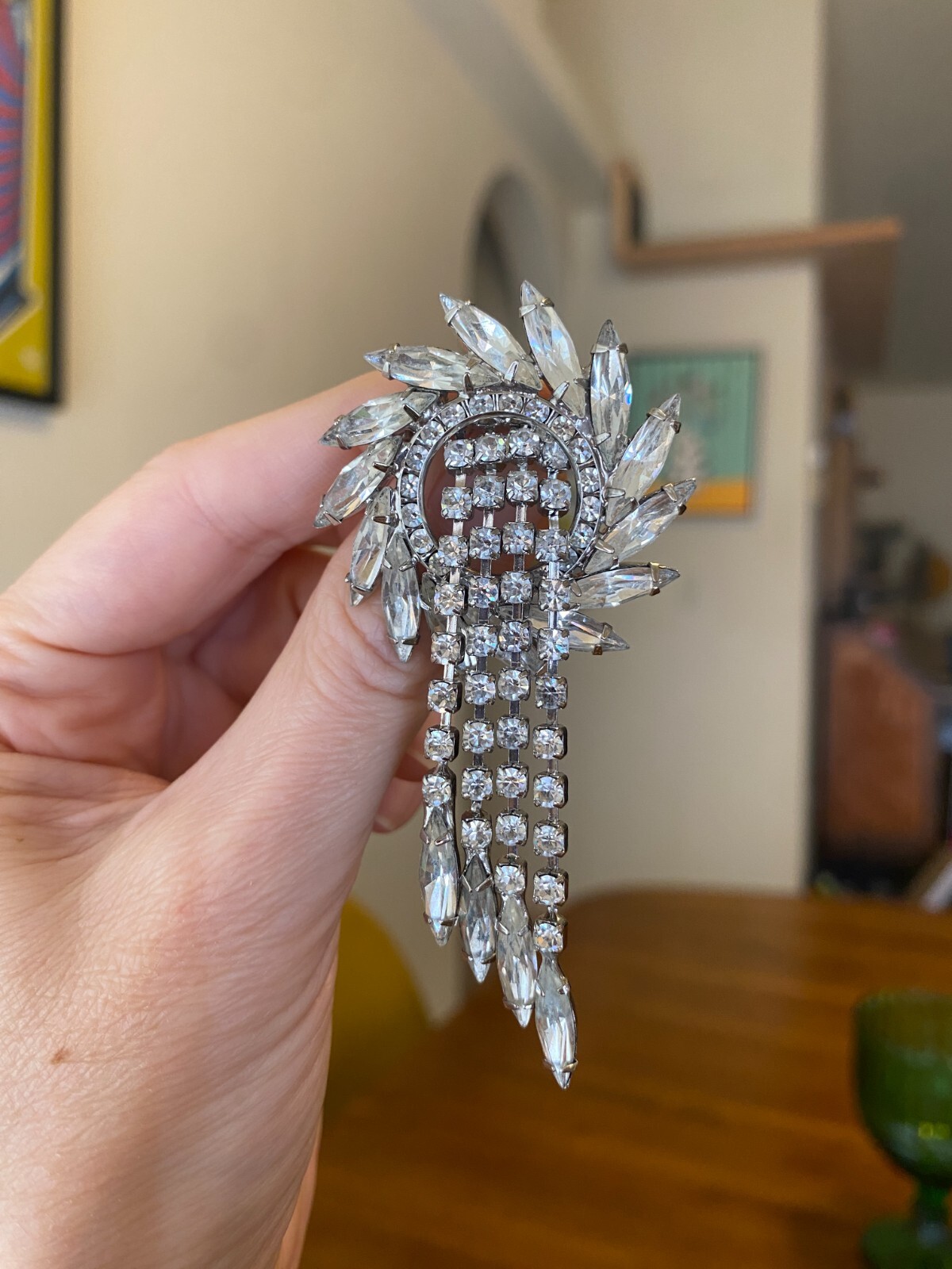 Rhinestone Wreath Brooch With Fringe Dangle Clear Navettes Unsigned