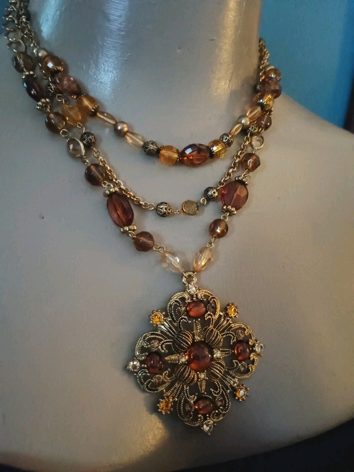 NOS 1990s Faux Ambrr Topaz Vintage Necklace Layered Macy’s NWT Rbt Rose Maximal