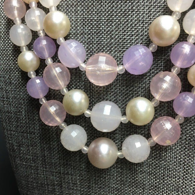 Graduated Triple Strand Necklace Lilac Purple Pearl Silver Round Faceted Vintage