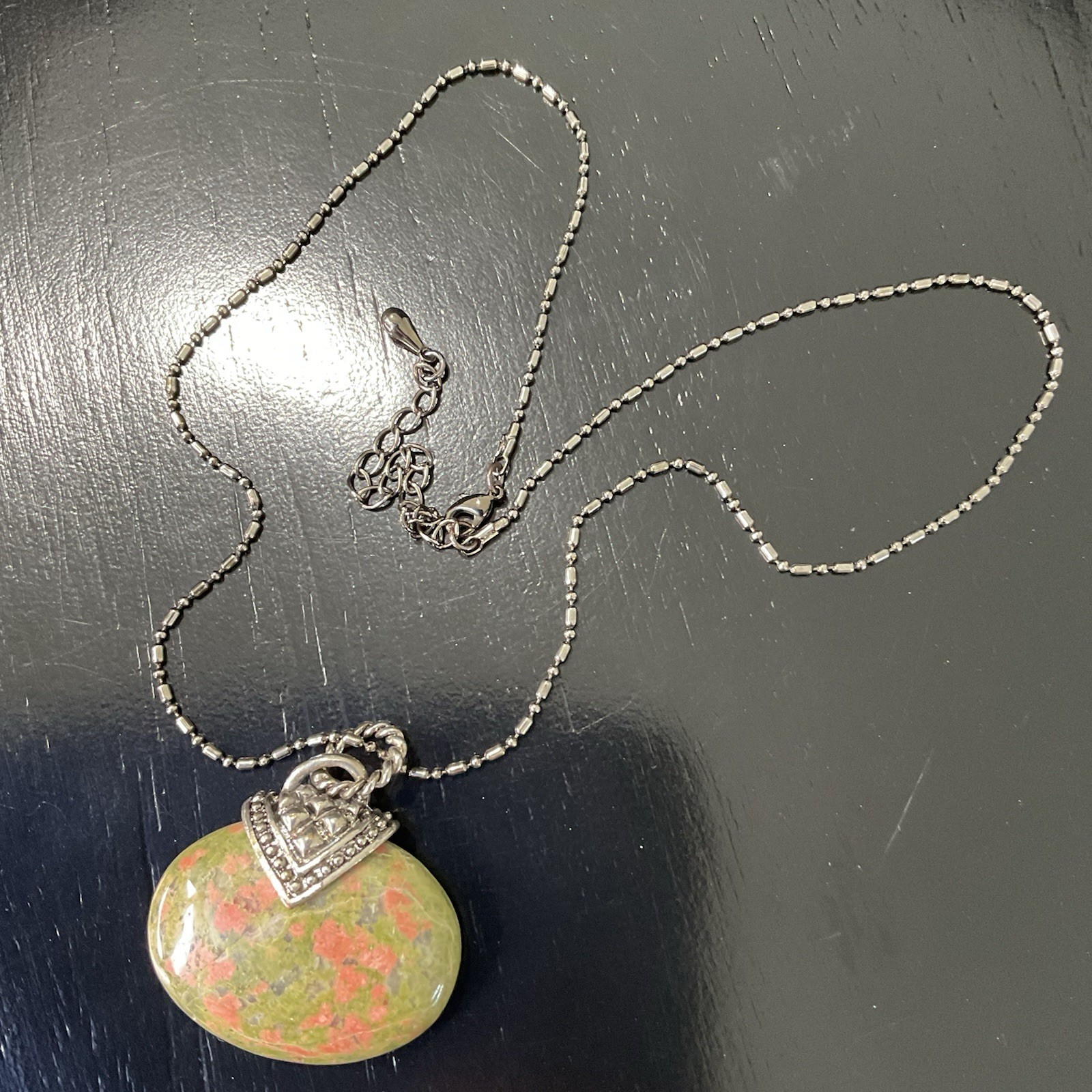 Vintage Unakite Jasper Pendant Necklace Silver Tone 22in 30g