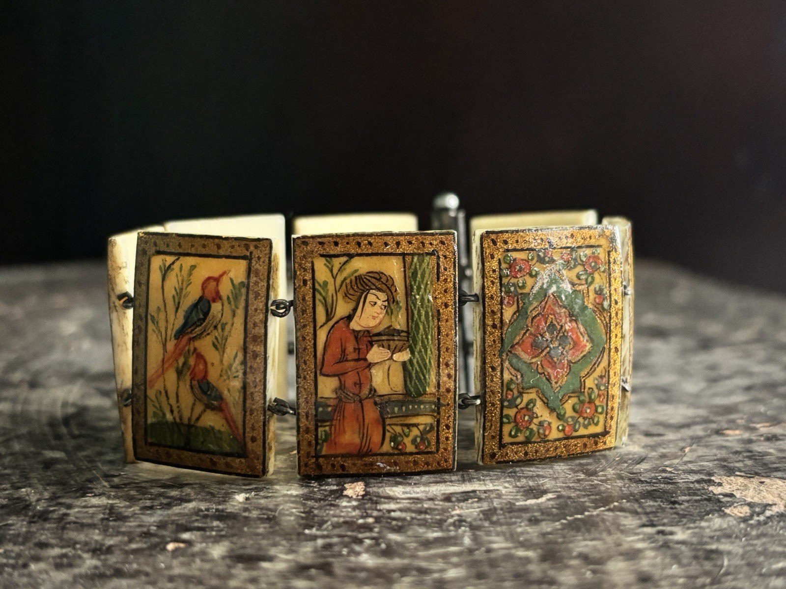 Antique Persian Hand Painted 8-Panel Story Bracelet on Bone Pin & Barrel Lock