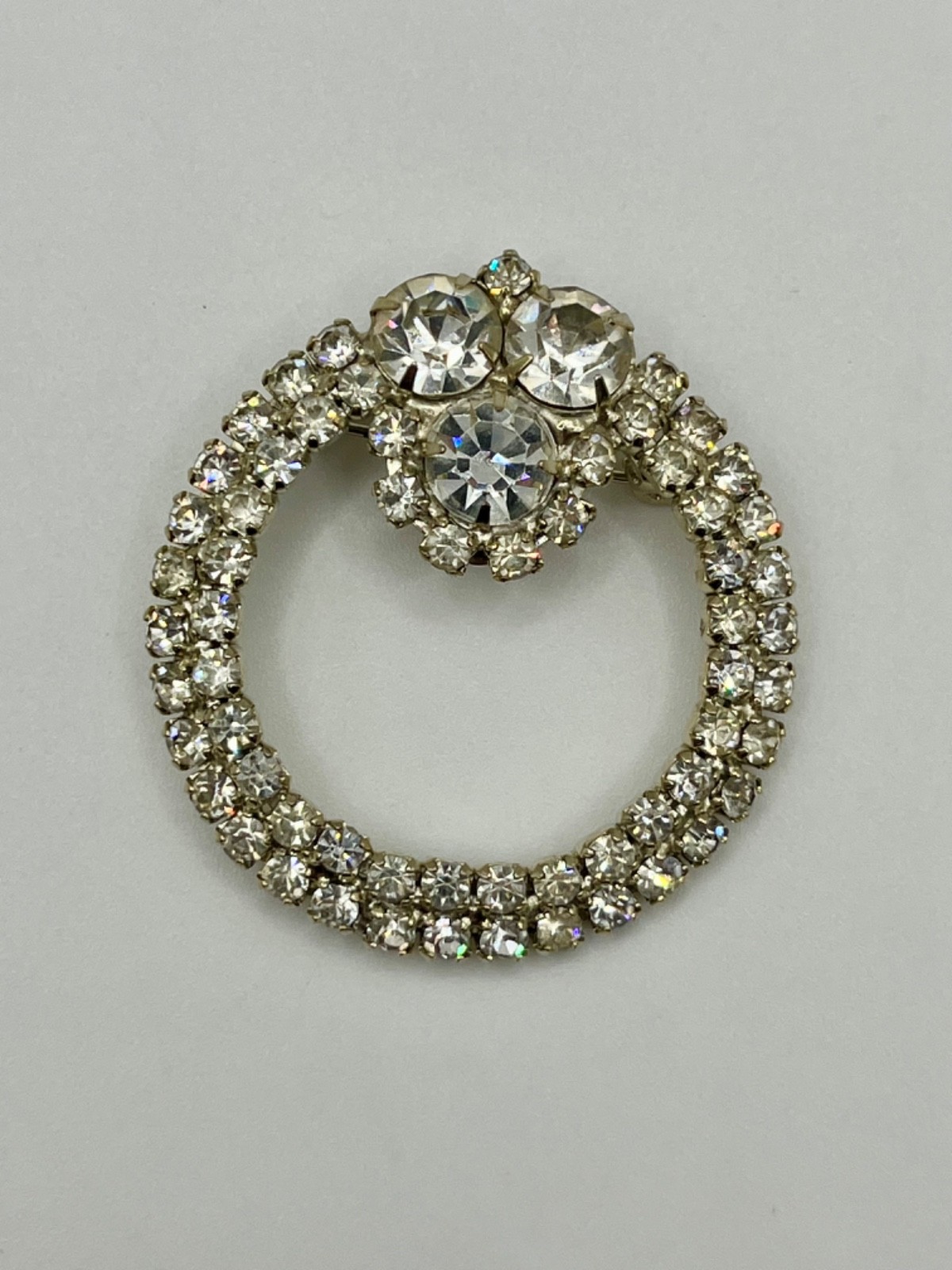 Vintage Clear Rhinestone Wreath Brooch Silver Tone