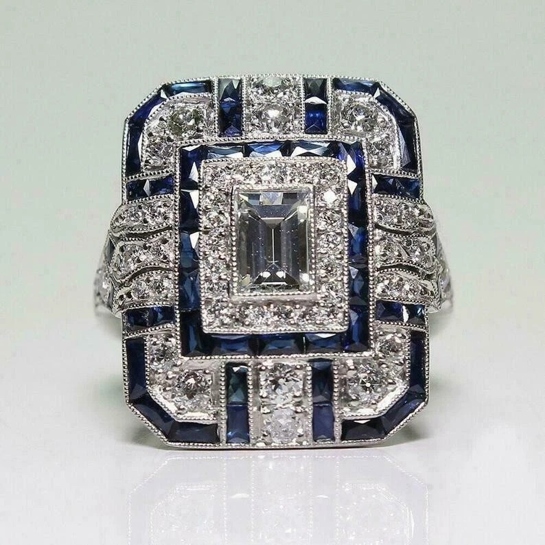 Art Deco Vintage Style Lab Created Diamond Engagement 14K White Gold Finish Ring