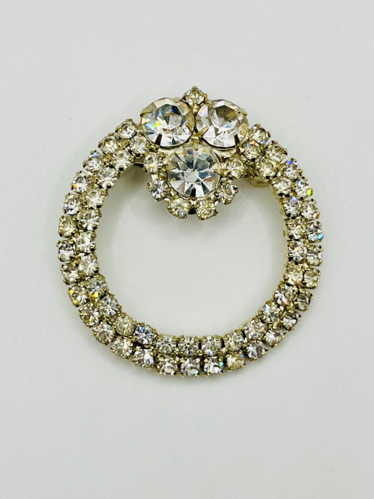 Vintage Clear Rhinestone Wreath Brooch Silver Tone