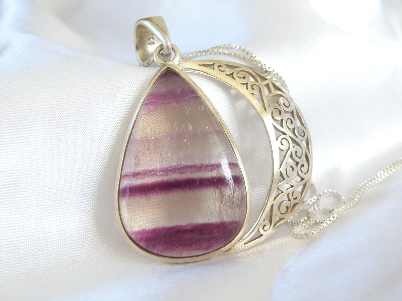 Large Sterling Silver 925 Fluorite Crescent Moon Pendant Necklace