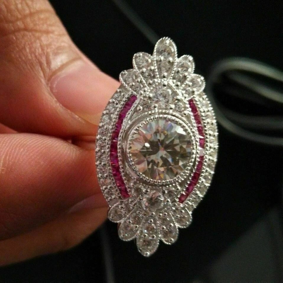 2.65Ct Art Deco Style Lab Created Diamond & Ruby Wedding 14K White Gold FN Ring