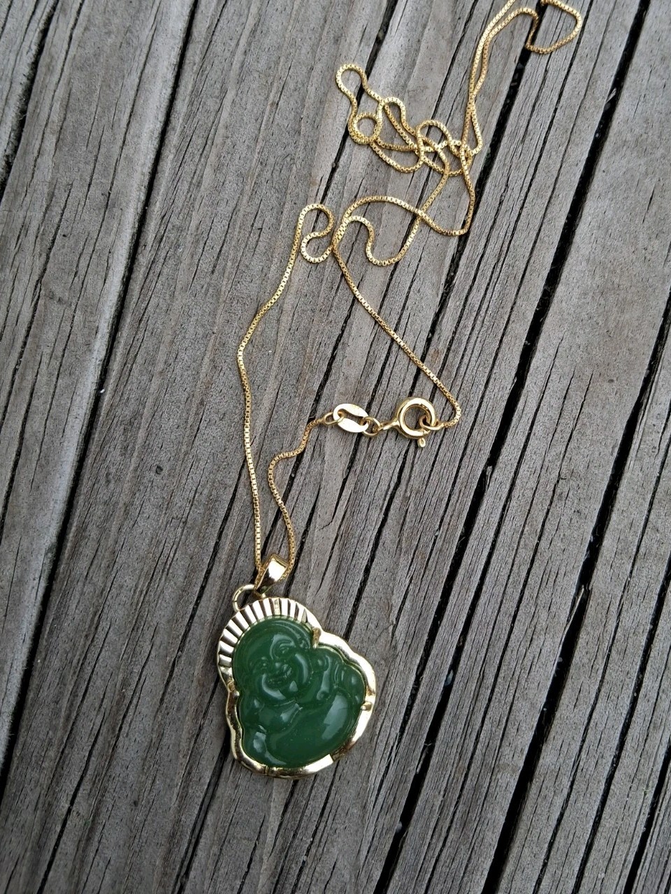 Vtg 925 Jade Laughing Buddah Charm & Necklace PAJ Italy 925 Gold Overlay 18″