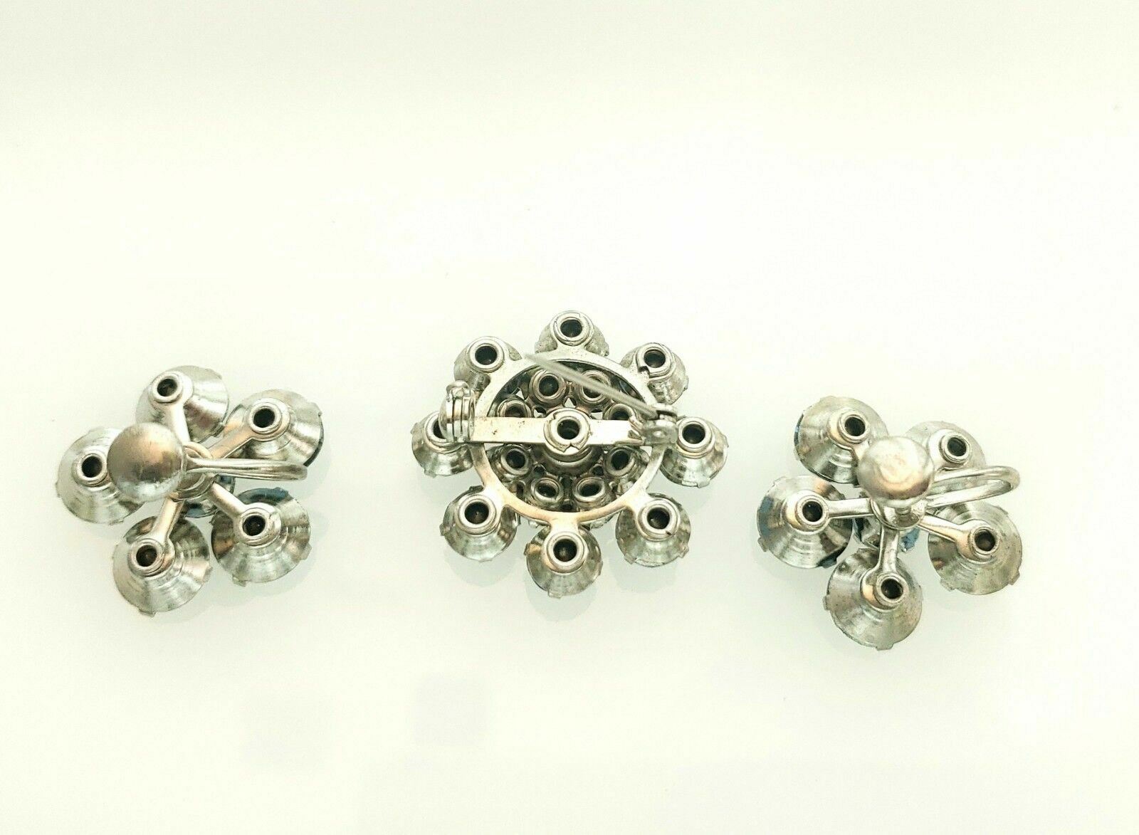 Aqua Blue Rhinestones Silvertone Earrings Brooch Set MINT