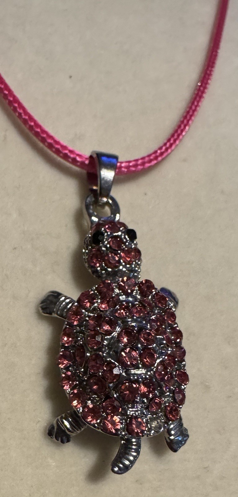 Vintage Silvertone & Pink Rhinestone Turtle Pendant On Pink Cord Necklace 16”