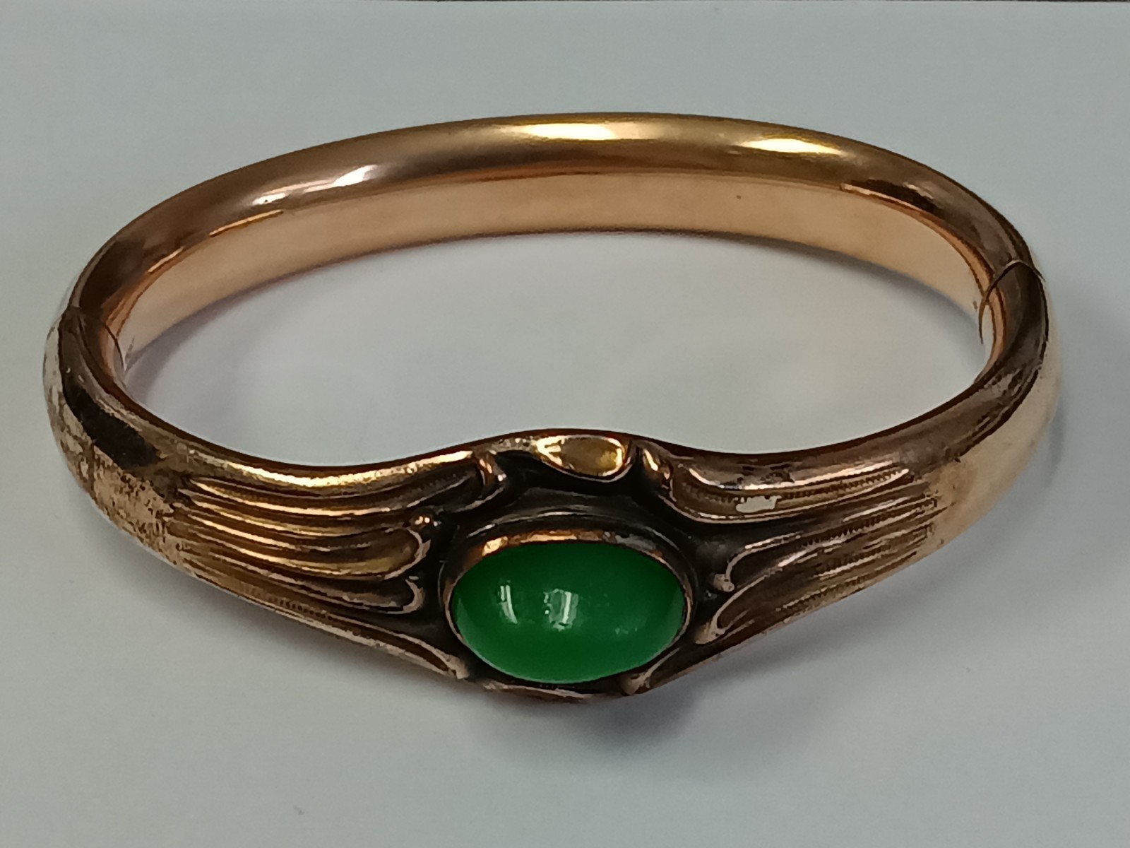 Antique Art Nouveau Bracelet WMC Wolcott Signed Green Stone Hinged Bangle