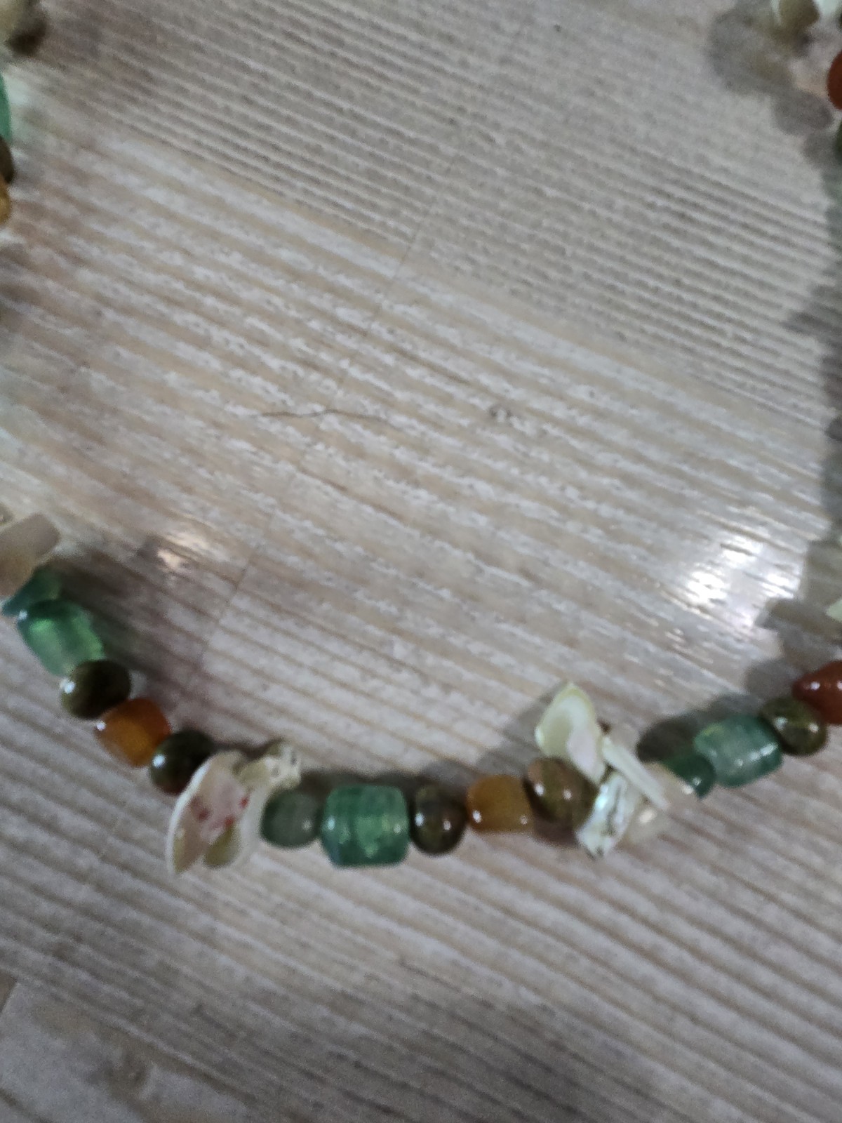 Vintage Boho Beaded Necklace Green Agate, Amber Brown Stone & Shell