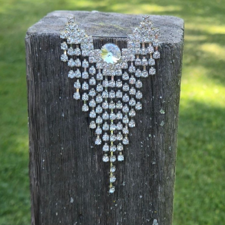 Antique Dramatic Rhinestone Brooch Cascading Fringe Rivoli Center Stone art deco
