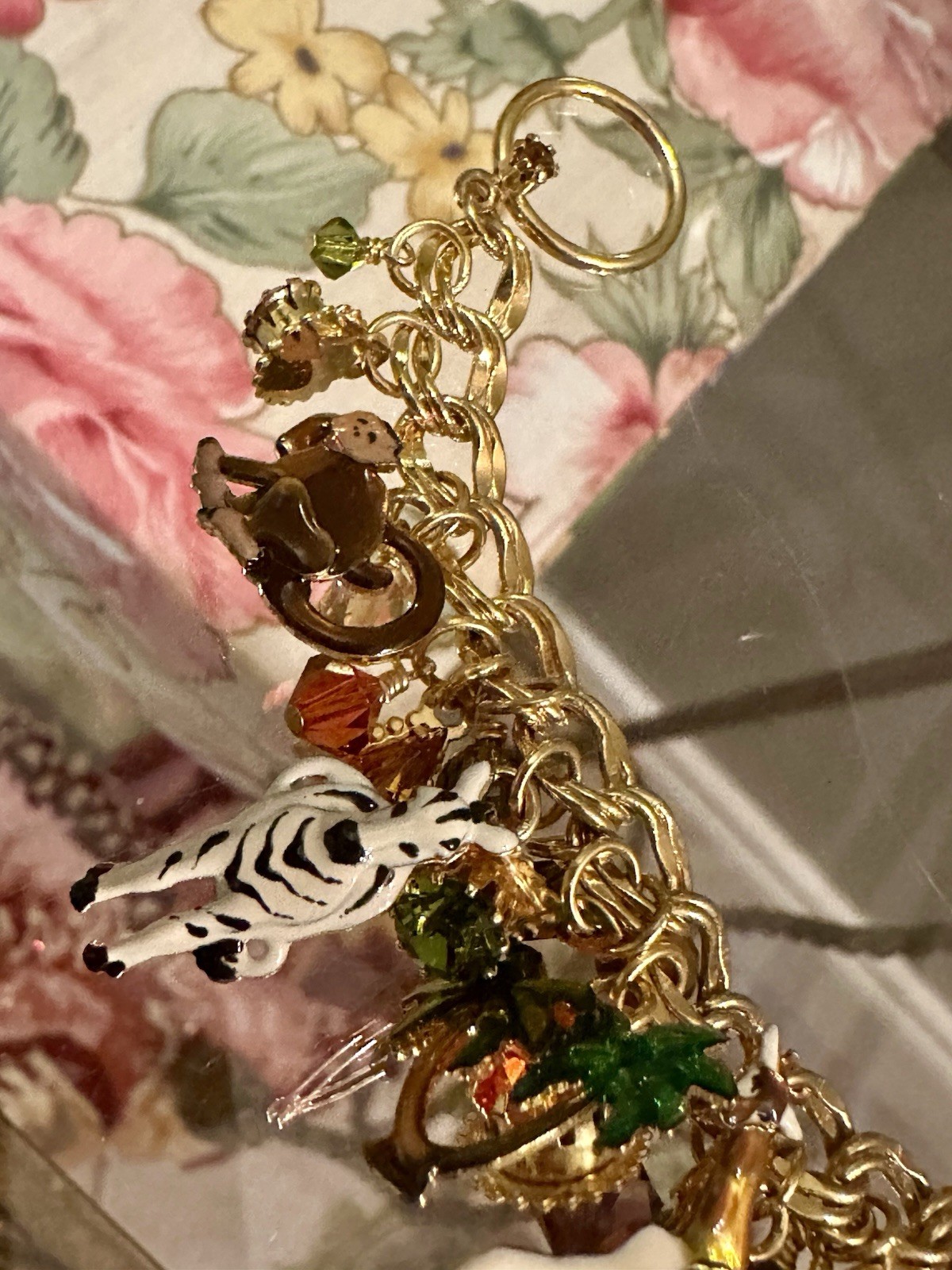 Vintage Lunch at The Ritz Gold Tone Zoo Charm Bracelet Zebras Giraffes Monkeys