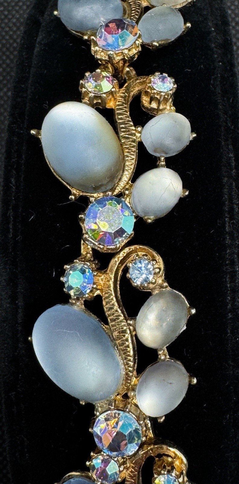 Vintage Blue Moonstone Cabochon Bracelet AB Rhinestones Gold Tone Mid Century
