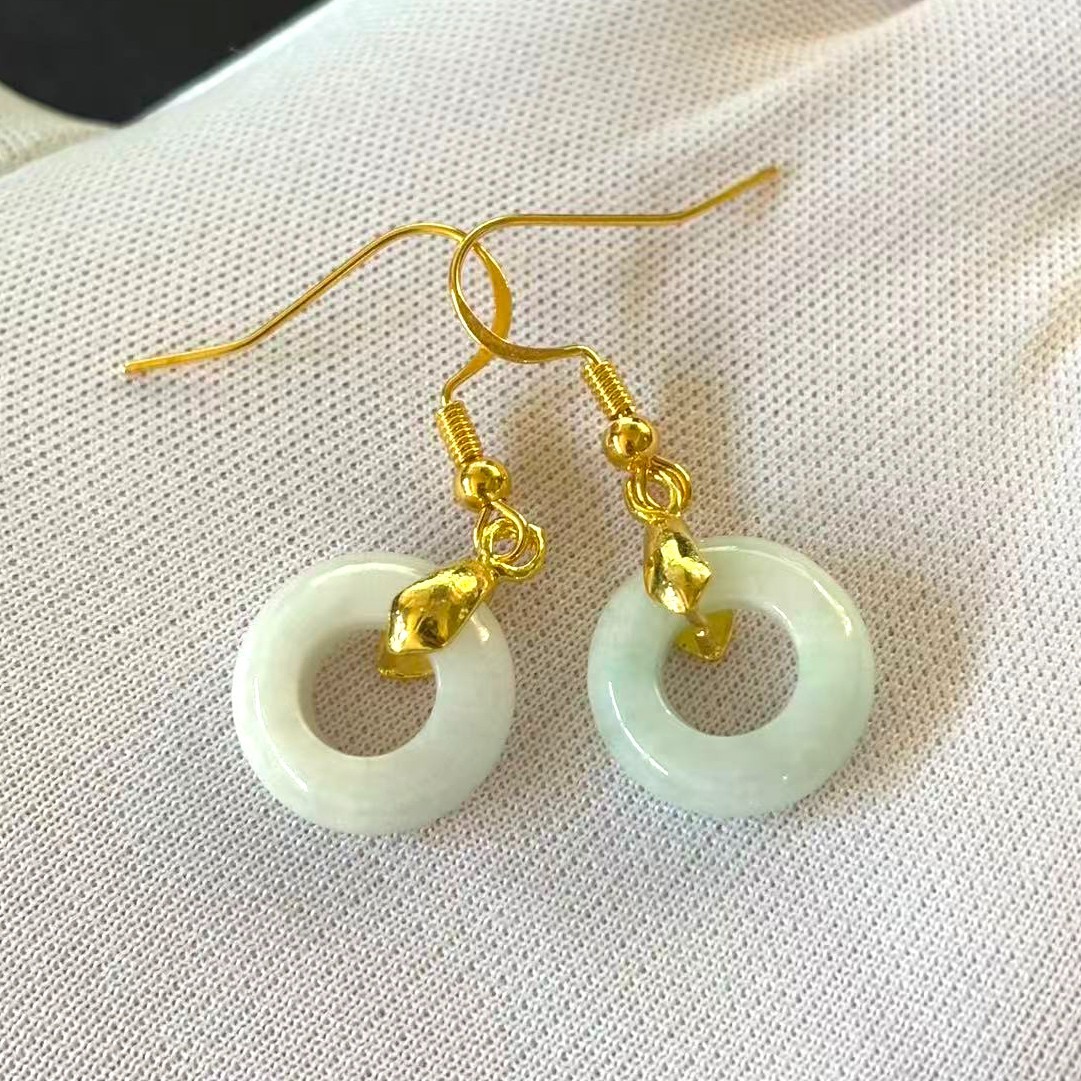 Natural White Jade Jadeite Rings Earrings Drop Dangle Gold-tone, 15x15x4mm
