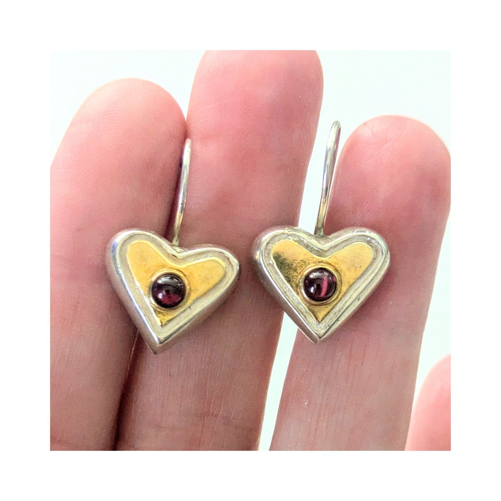 Vintage Sterling Silver Garnet Cabachon 2 Tone Heart Hook Back Earrings