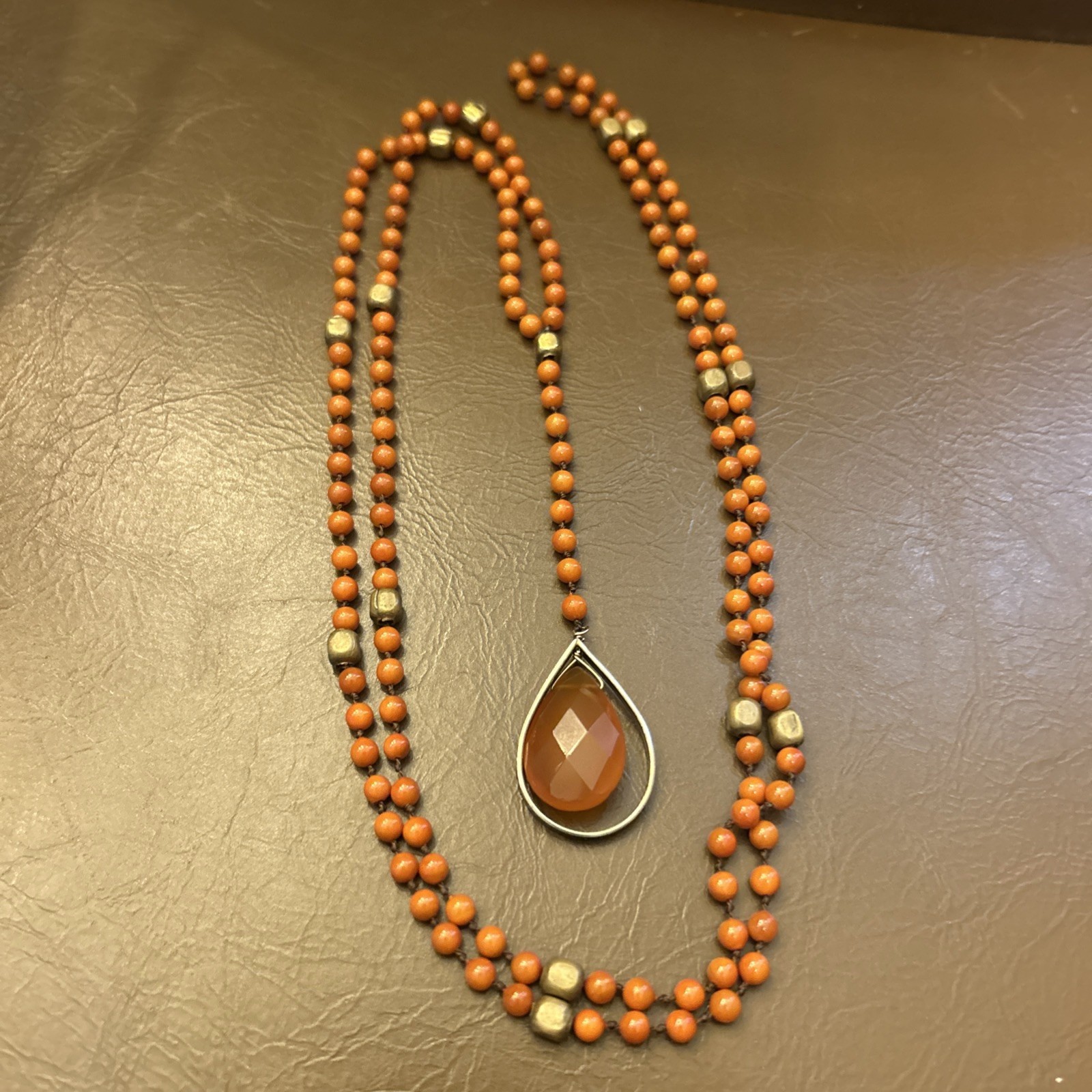Antique Reddish Orange Coral Small Beaded w/0range Onxy Necklace 25in