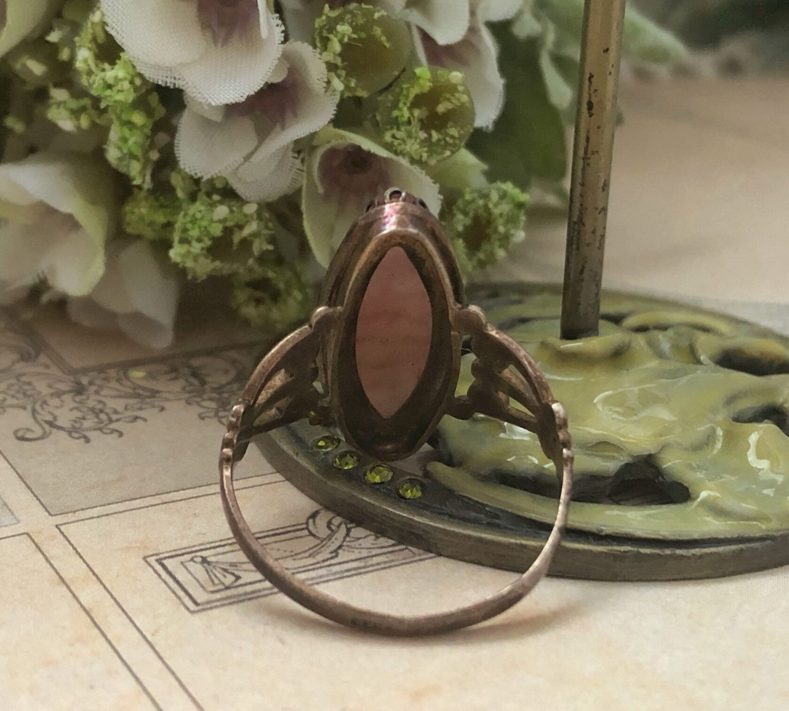 Estate Jewelry Marquise Ring Rare Vintage Soviet Agate Silver 875 USSR Size 10.5