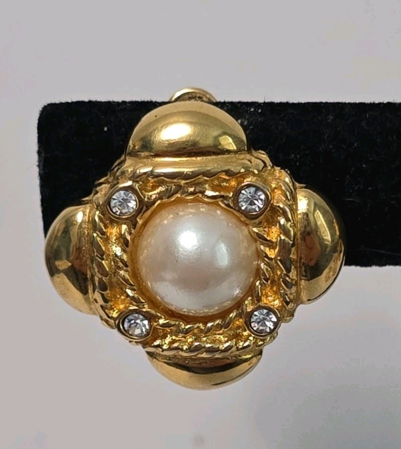 Vintage Givenchy Square Goldtone Faux Pearl Cabachon Earrings