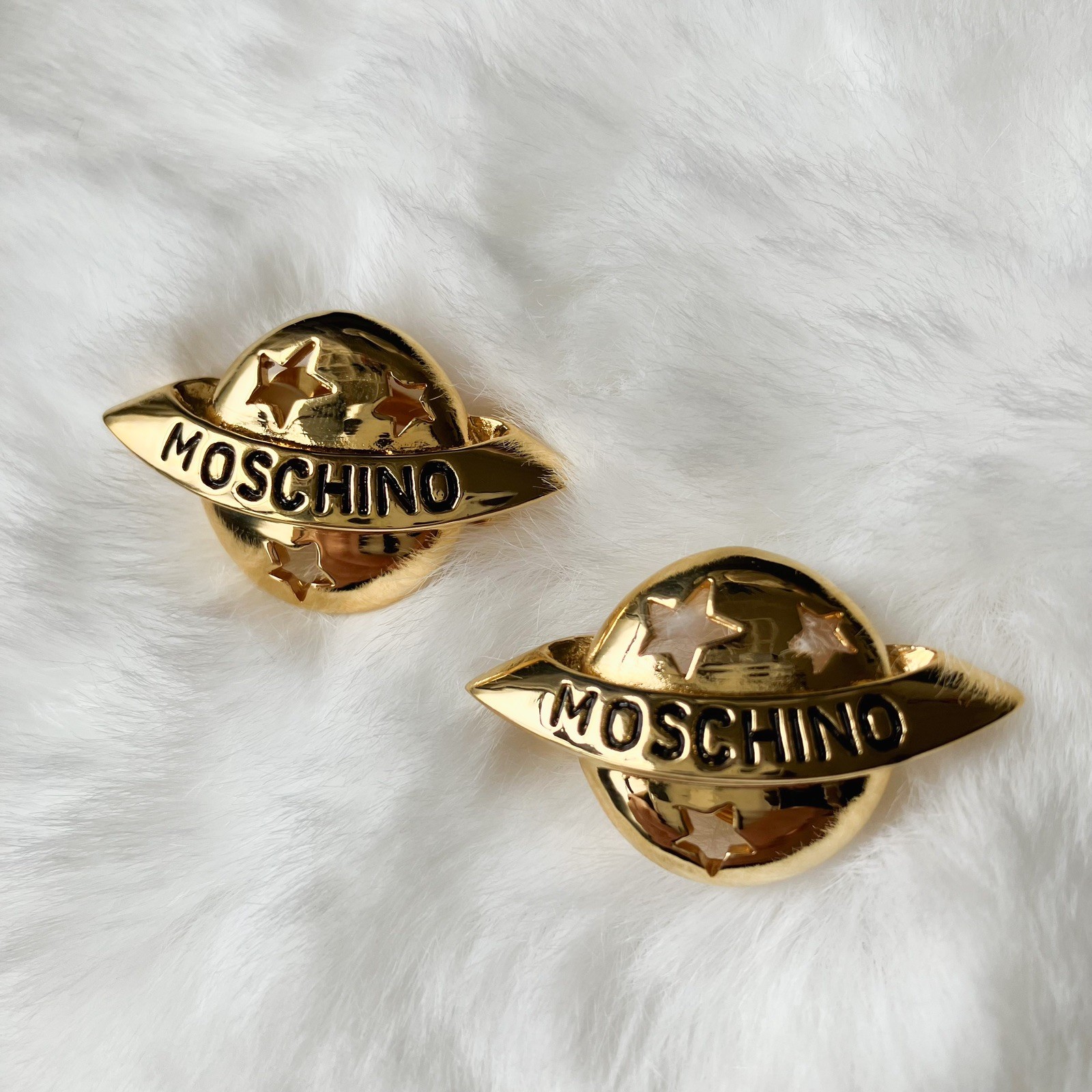 vintage Moschino Logo Planet Saturn Clip On earrings Gold Tone Japan exclusive