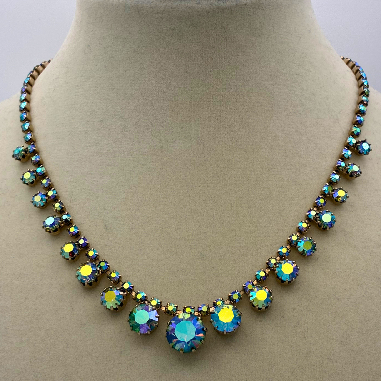 Vintage Aurora Borealis Rhinestone Fringe Necklace Brass Gold Tone 16″
