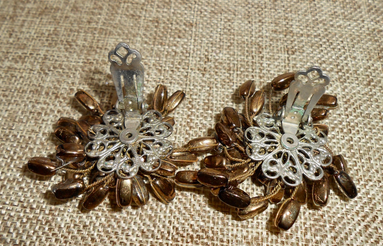 Vintage ALICE CAVINESS Signed Bronze Color Atomic Star Bead Earrings Clip-On E30