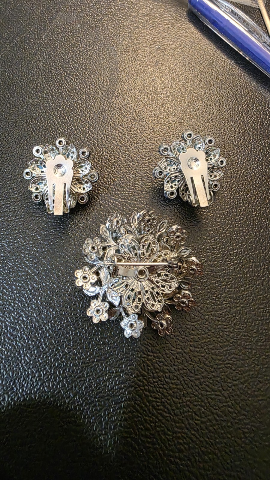 Vintage Cabochon Brooch Pin Earring Set Blue Green Artsy Stone Rhinestones